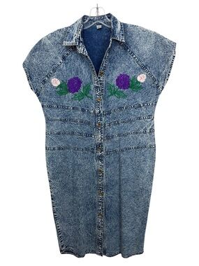 Vintage Acid Wash Floral Embroidered Denim Midi Shirt Dress Size Medium 80s 90s